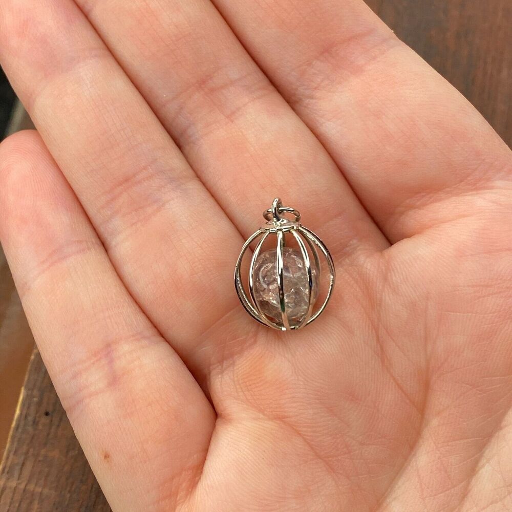 Vintage 925 Sterling Silver Artistic Ornate Sphere Pink Bead Pendant Charm